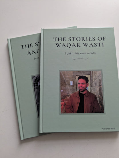 Two books titled 'The Stories of Waqar Wasti' on a light gray background